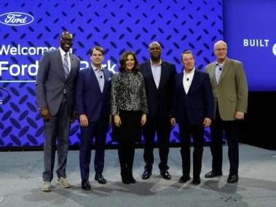 Photo: Michigan Lt. Gov. Garlin Gilchrist, Ford President and CEO Jim Farley, Michigan Gov. Gretchen Whitmer, UAW President Ray Curry, Ford Chair Bill Ford and Marshall, Mich. Mayor Jim Schwartz at Ford Ion Park in Romulus, Mich., on Monday, Feb. 13, 2023, when Ford Motor Company announced plans for a lithium iron phosphate (LFP) battery plant in Marshall, Mich. Courtesy Ford Motor Company